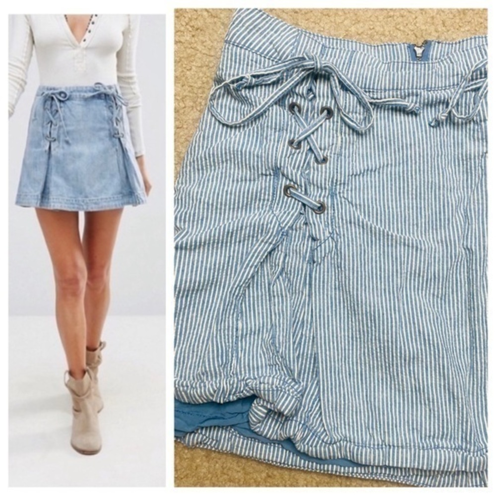Free People Blue and White Striped Lace Up Skirt
